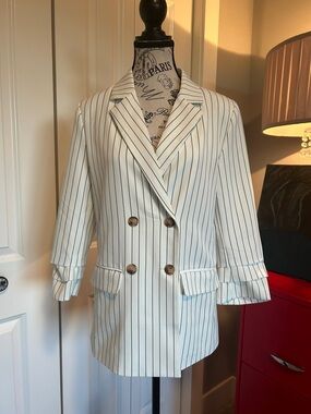 NWOT Striped Double-Breasted White Blazer Jacket